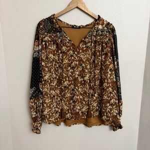 Miss Me Blouse Medium Brown Floral Paisley Boho Peasant Top MT2417L